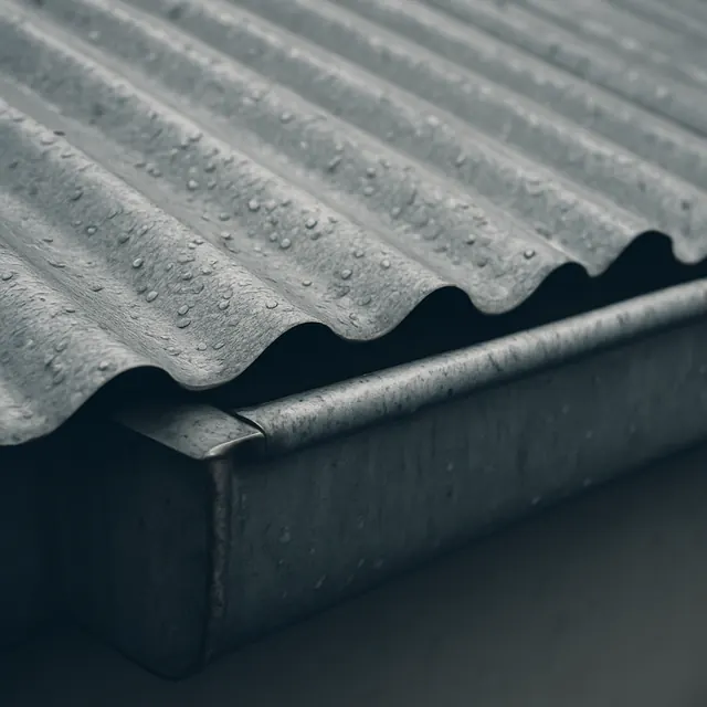 Chapa sinusoidal galvanizada con gotas de lluvia sobre el borde plegado de una canaleta