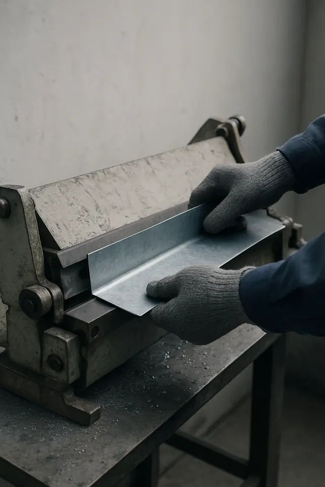 Manos con guantes plegando una tira de zinc en una plegadora de taller